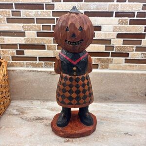 Vintage Halloween Jack O Langern Folk Pumpkin Figurine Ceramic/ Wooden * Rare *